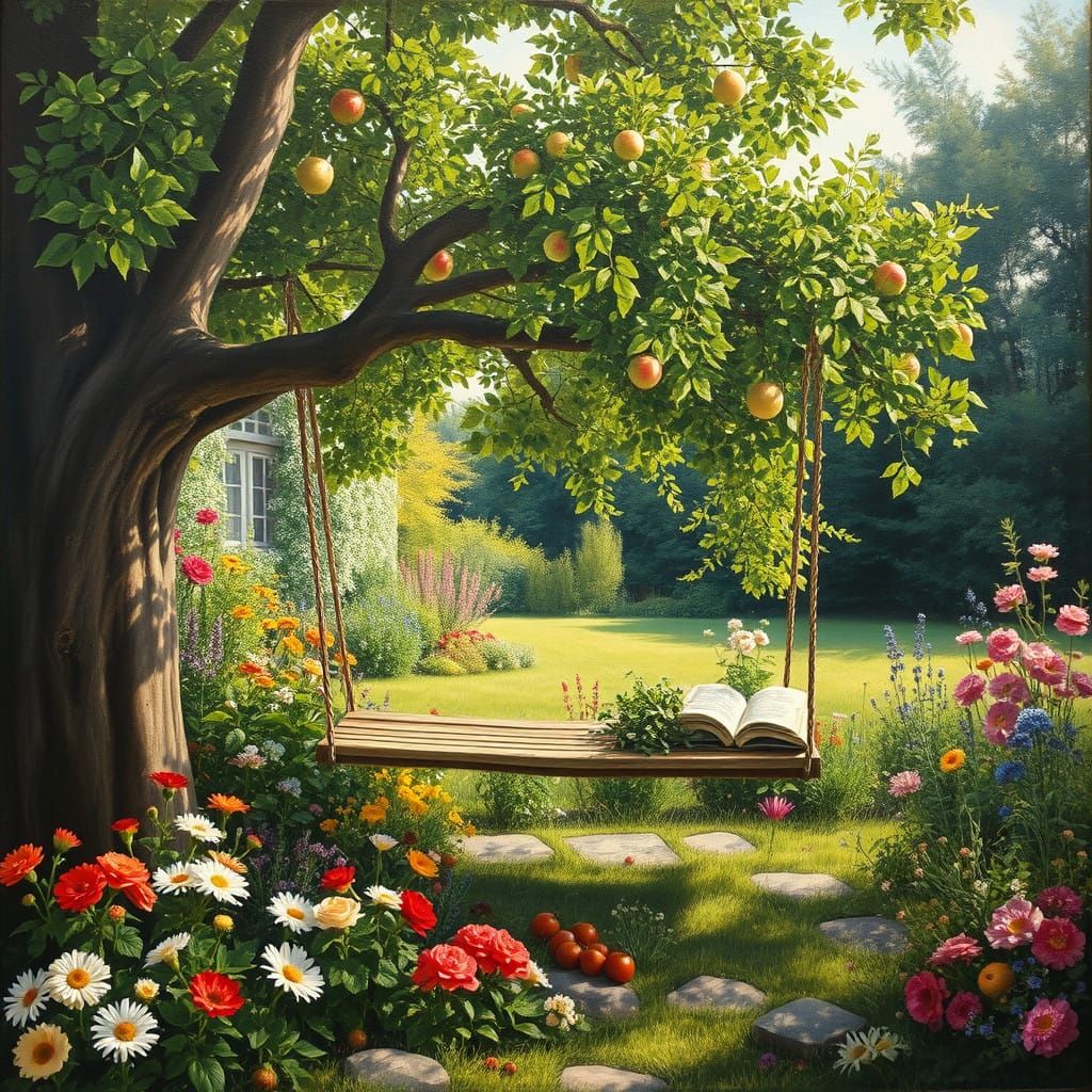 Peaceful Summer Garden Scene in Vibrant Oil Colors