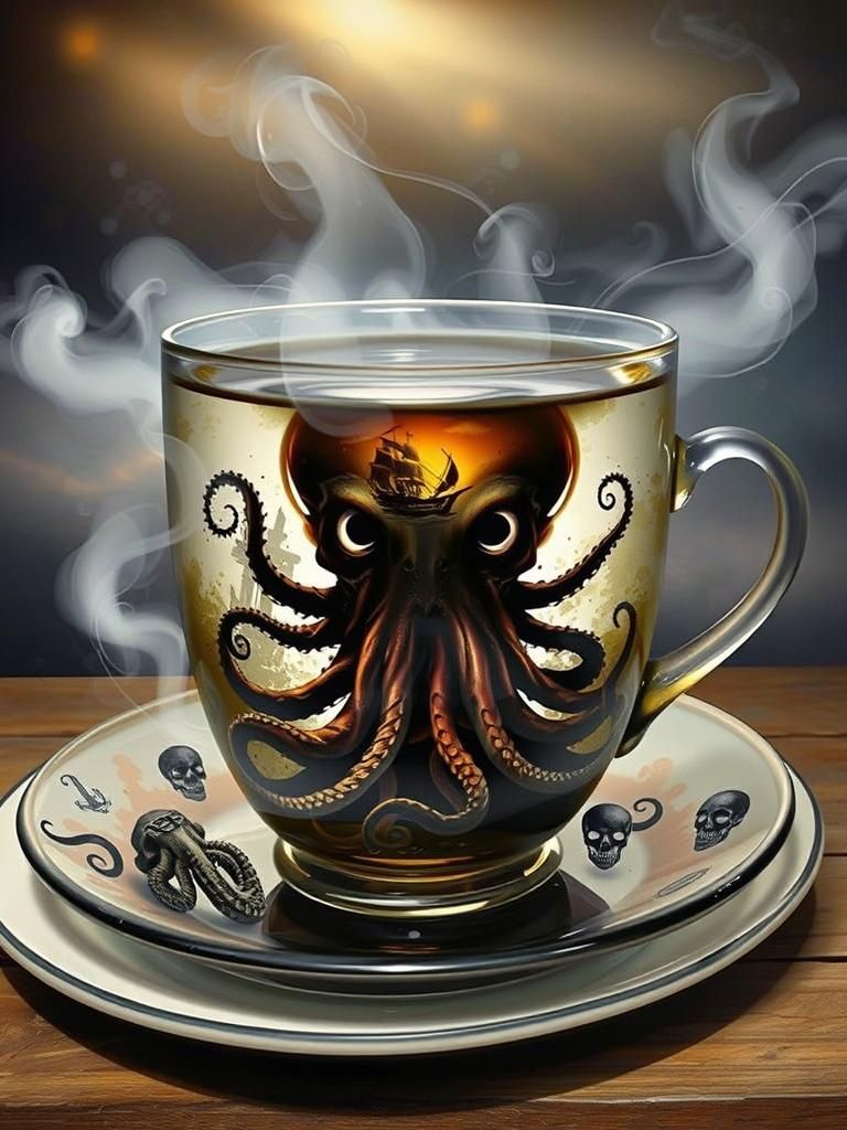 Surreal Teacup Kraken Shipwreck in Golden Light