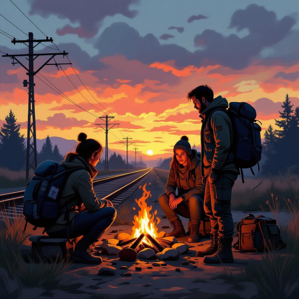 Post-Apocalyptic Campfire Scene in Digital Painting Style