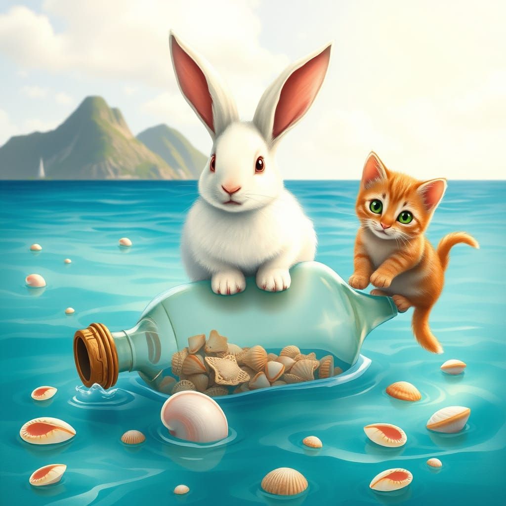 Rabbit and Kitten on a Bottle in Dreamy Style