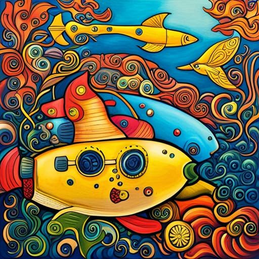 Yellow Submarine Undersea Adventure in Abstract Art Style