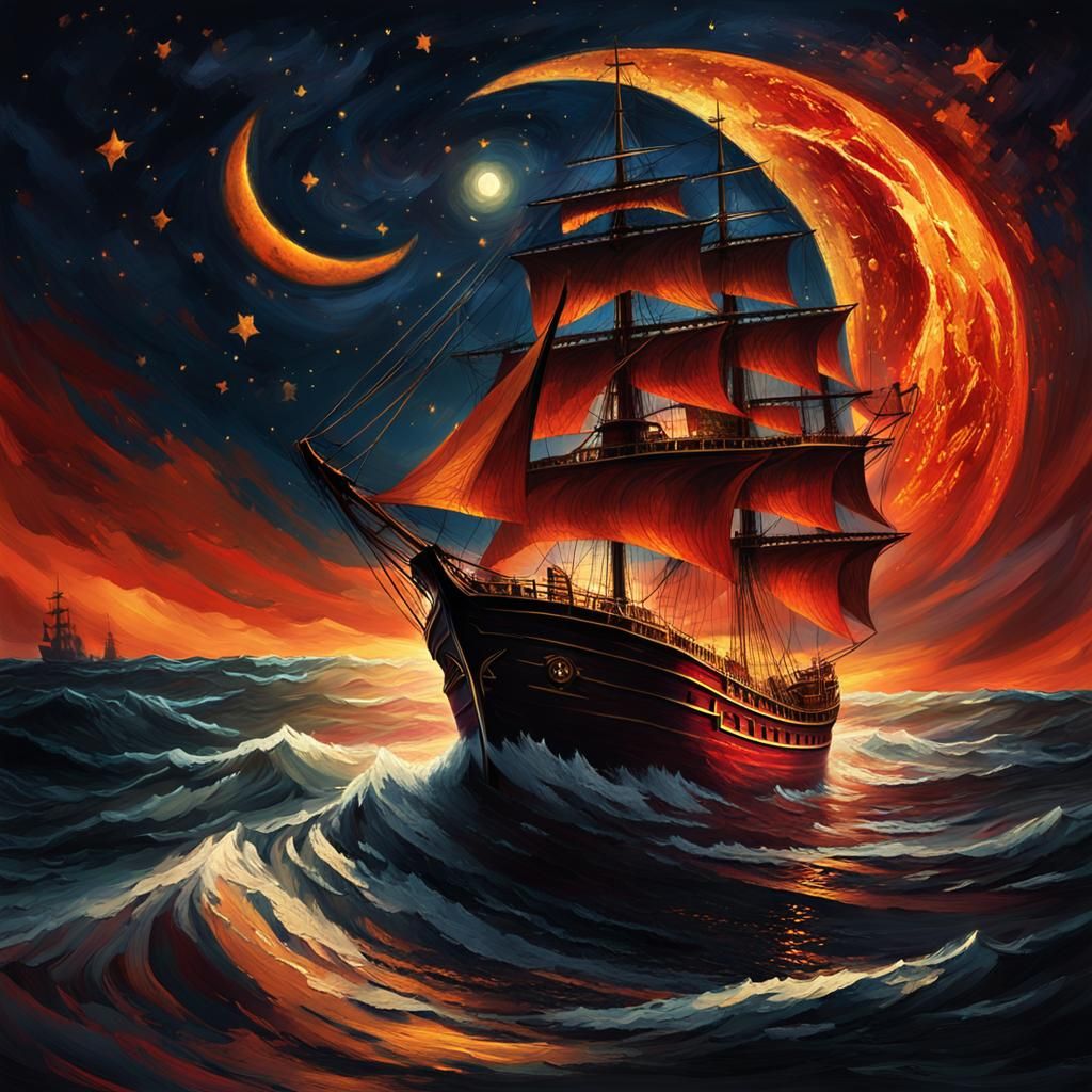 Dramatic Ship at Night in Digital Oil Painting