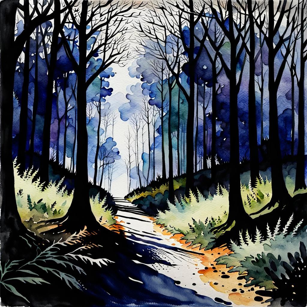 Moody Forest Path in Dark Watercolor