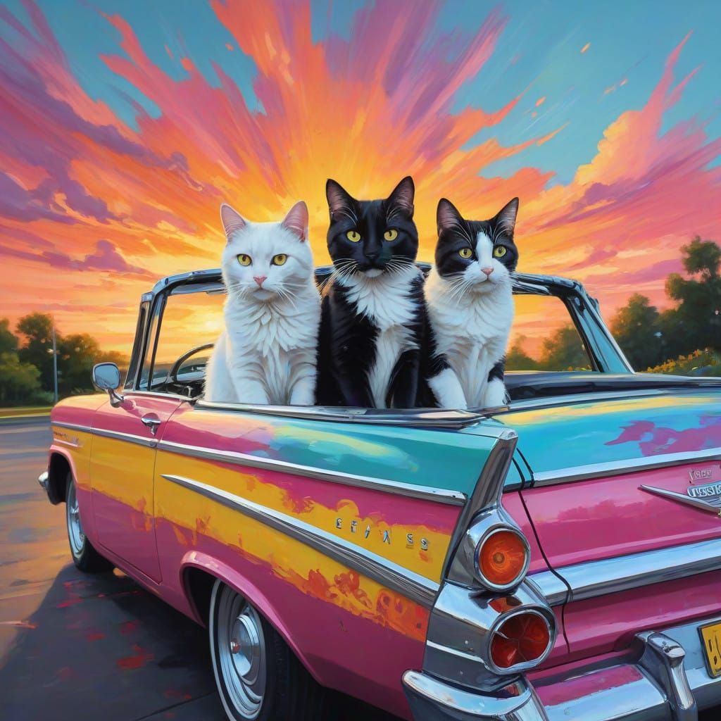 Vibrant Sunset Cats in Majolica Chevy Belair