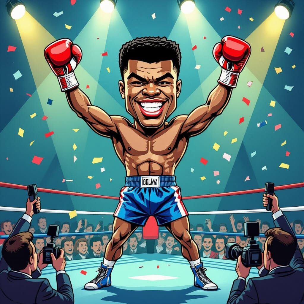 Exaggerated Cassius Clay Boxing Triumph Comic Style