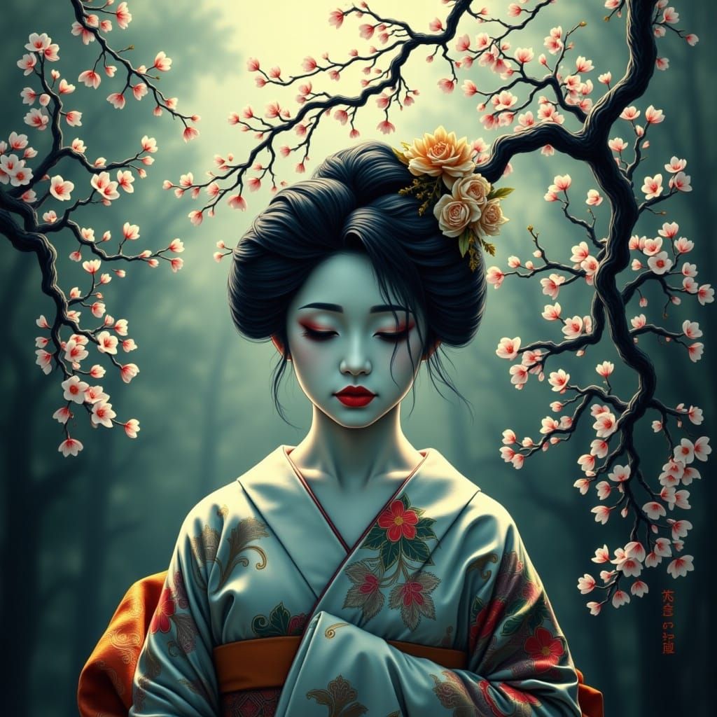 Mourning Geisha in Traditional Japanese Art Style