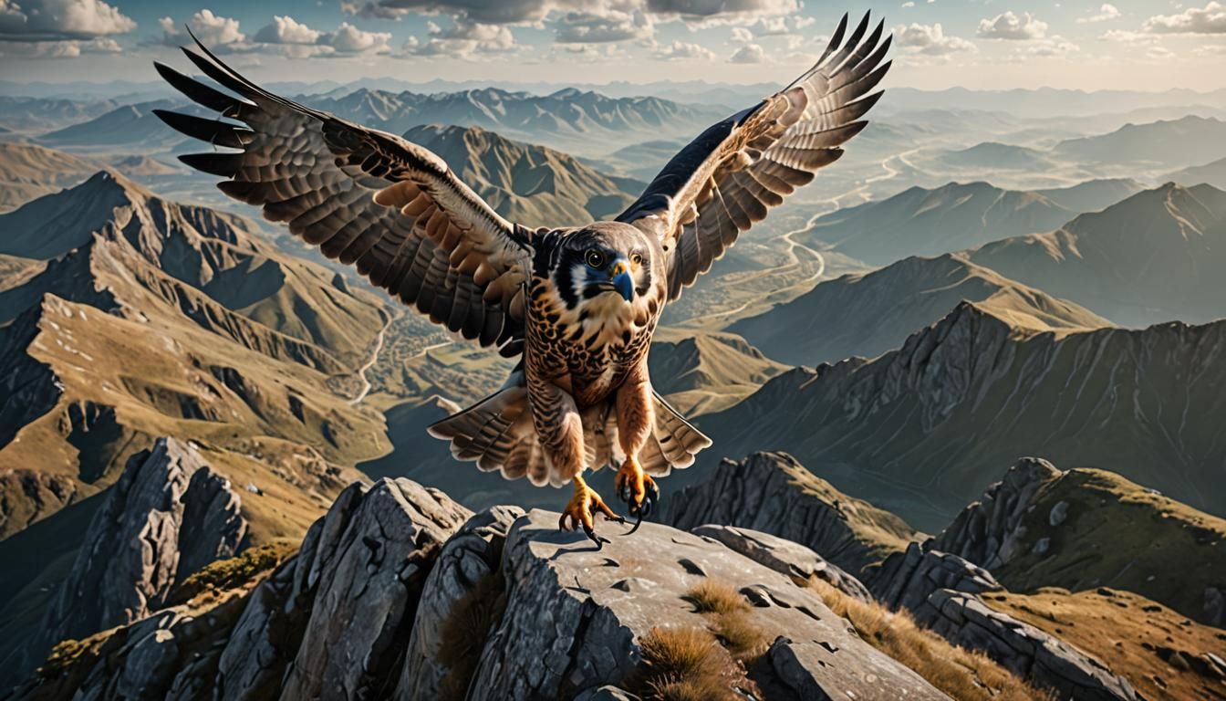 Photorealistic Falcon Lands on Mountain Top