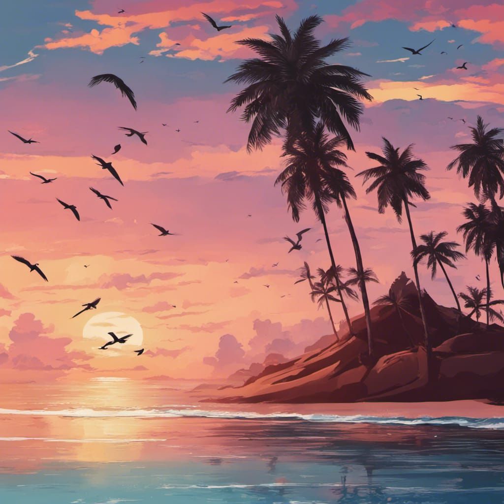 Tropical Beach Sunset with Palm Trees