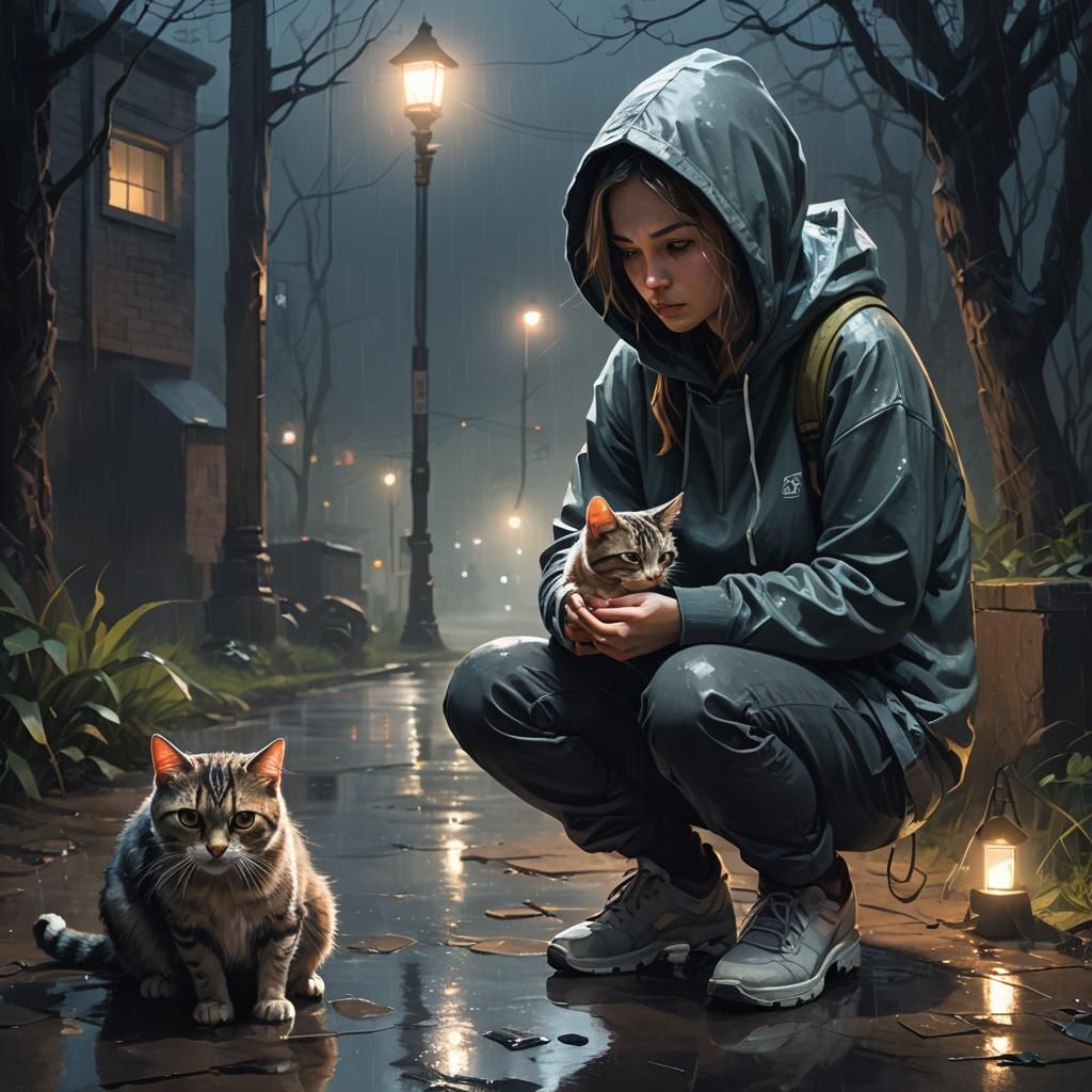 Woman and Cat in Dreamlike Rainy Scene