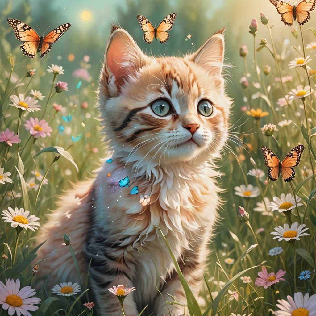 Kitten Fairy in Flowery Meadow: Whimsical Concept Art