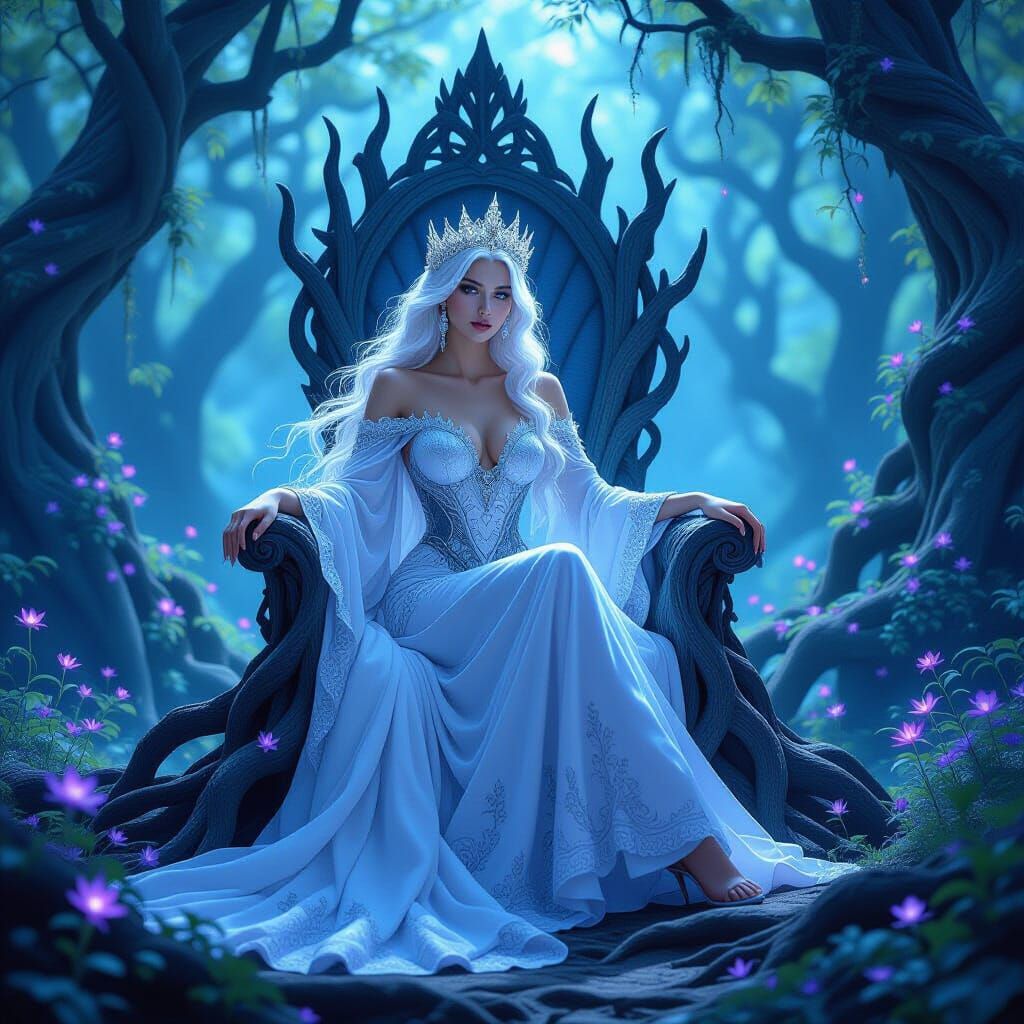 Ethereal Queen on Root Throne in Moonlit Forest