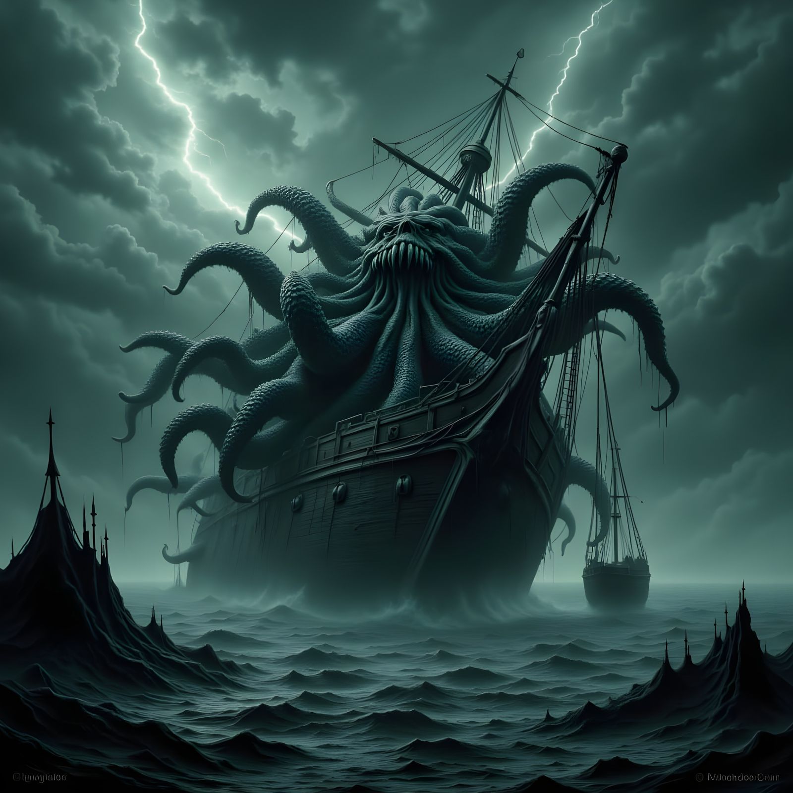 Giant Kraken Attacks Ship in Stormy Seas