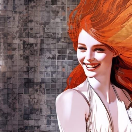 Redhead with Rapunzel Hair Laughing Under Lemon Tree