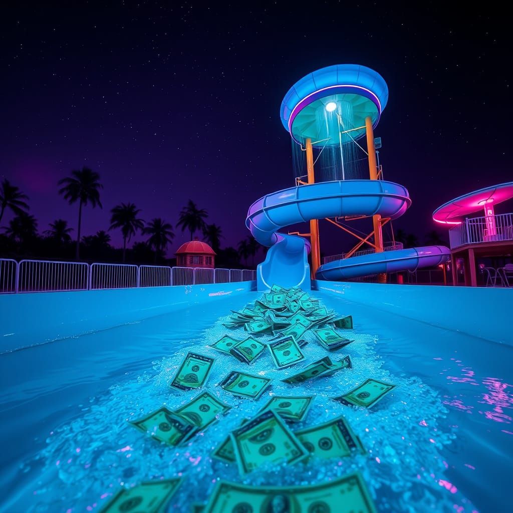 Synthwave Water Park with Flowing Dollar Bills