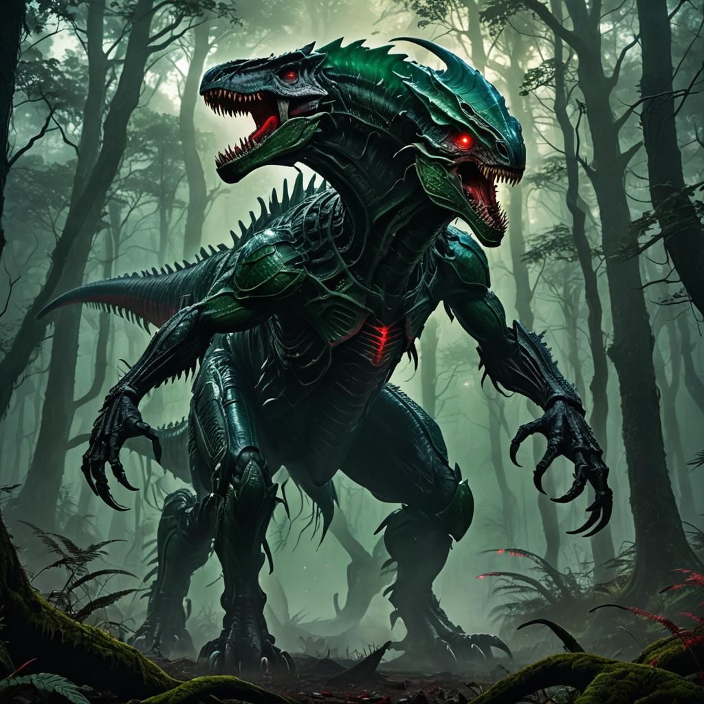 Terrifying Xenomorph Wendigo Dinosaur Fusion in Dark Forest