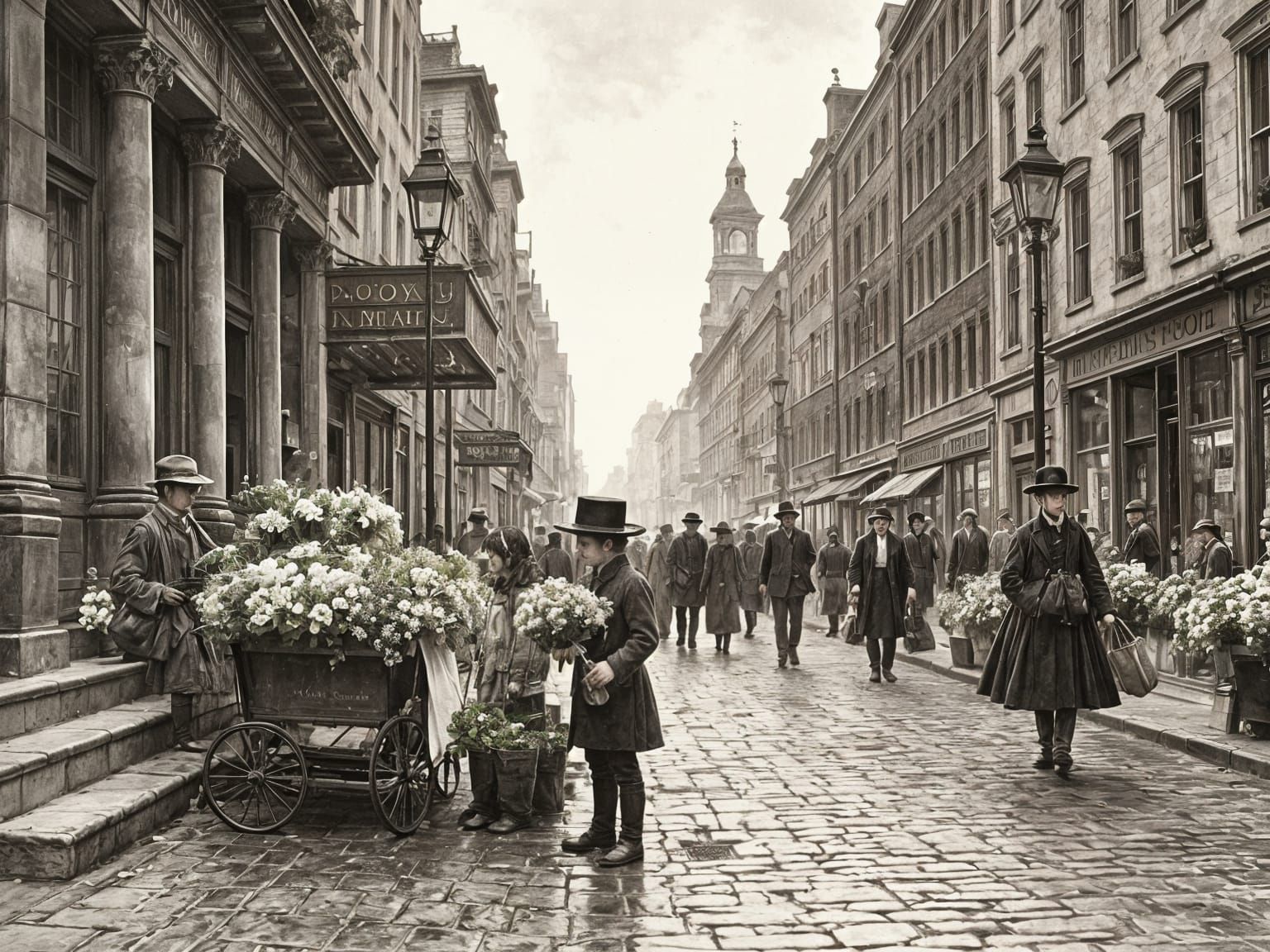 19th Century London Street Scene in Tempera Style