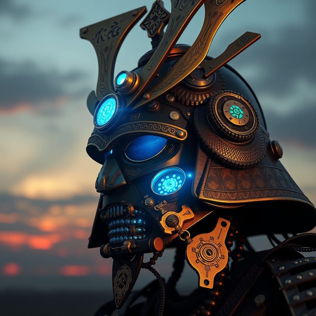 Glowing Steam Punk Samurai Helmet in Futuristic Sunset Style