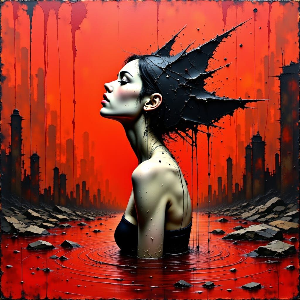 Dystopian Woman in Red Pigment: Abstract Expressionism