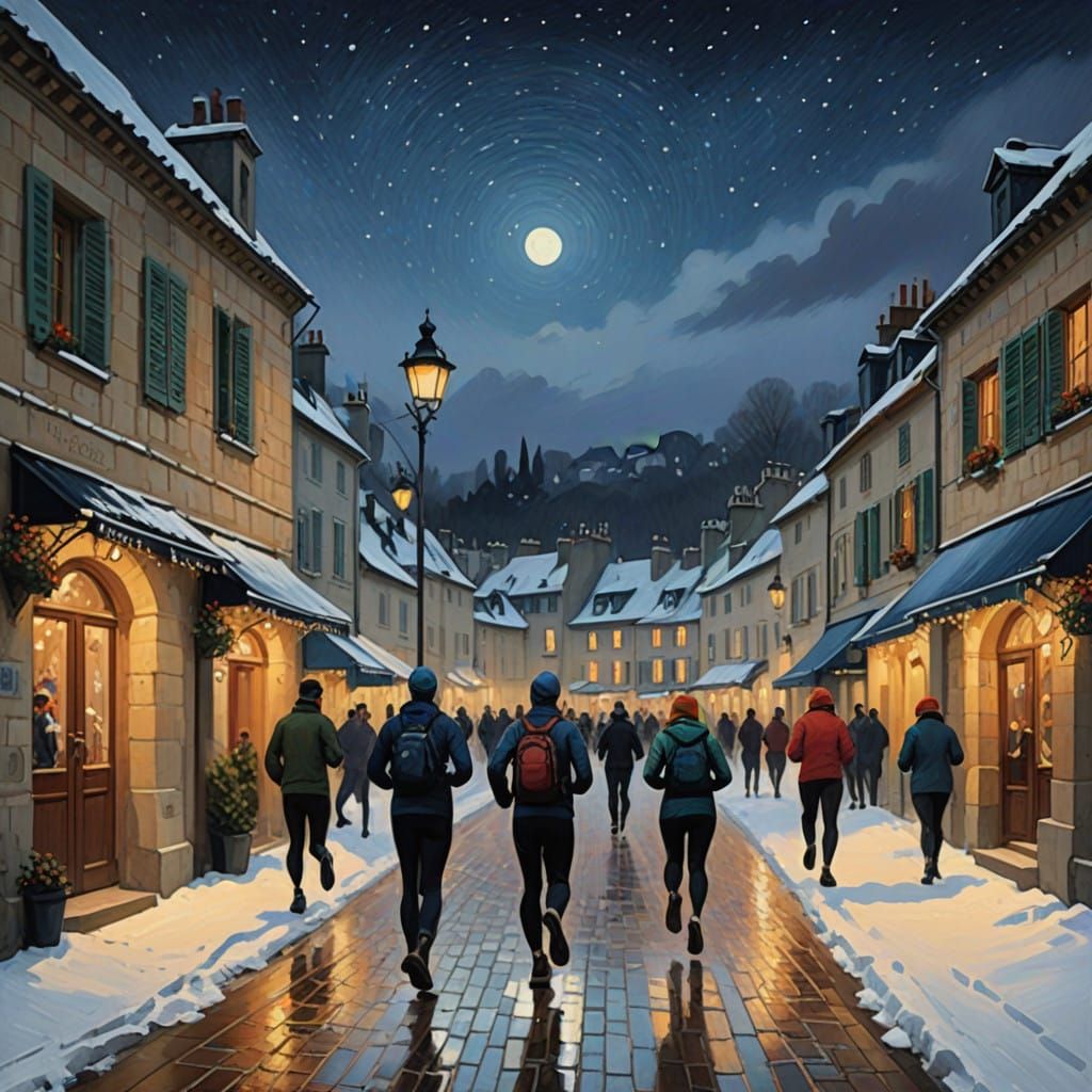 Winter Trail Runners in French Village Night
