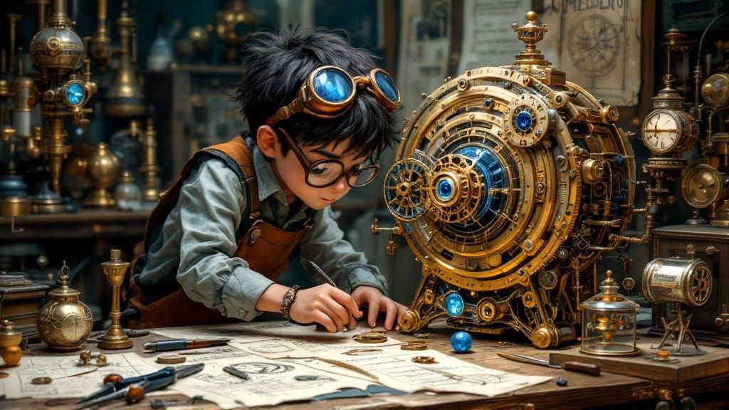Steampunk Clockwork Boy in Victorian Workshop