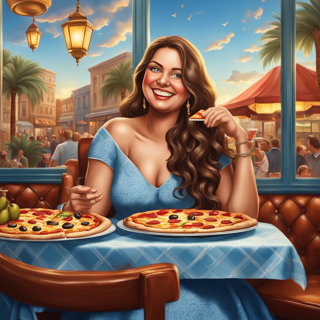 Woman in Blue Dress Enjoys Pizza