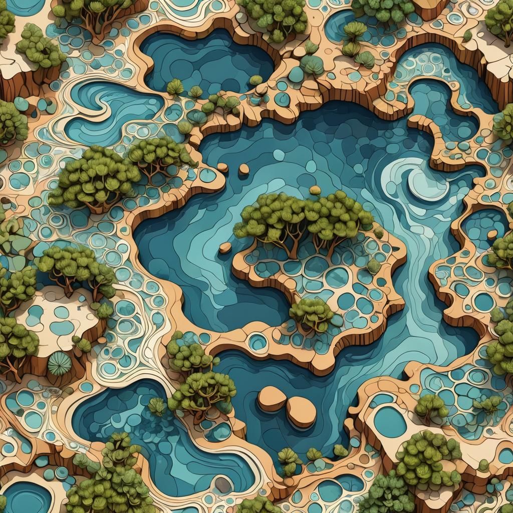 Abstract Beach Scene with Rock Pools and Trees