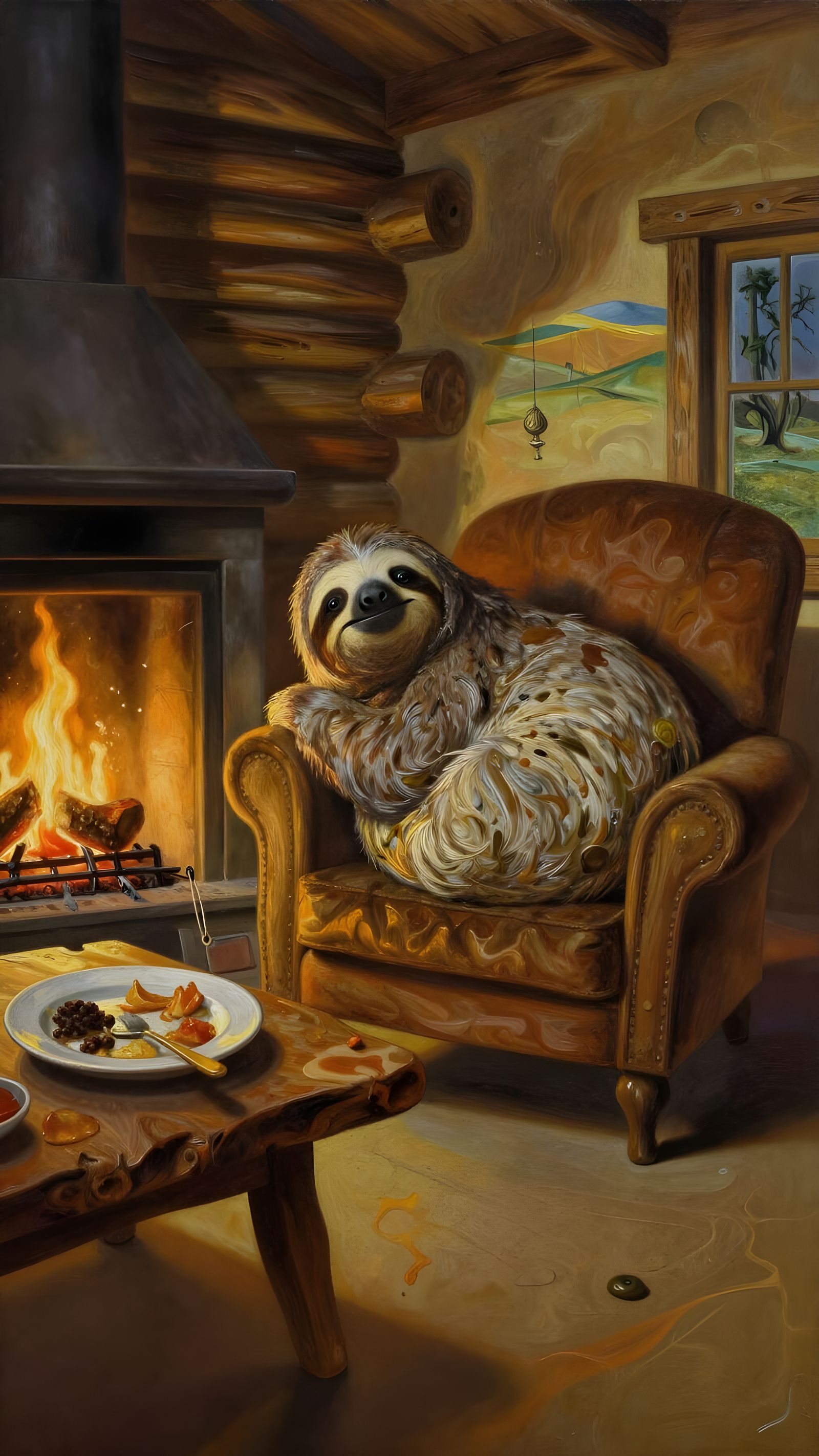 Cozy Cabin Sloth by Fireplace in Surrealist Style