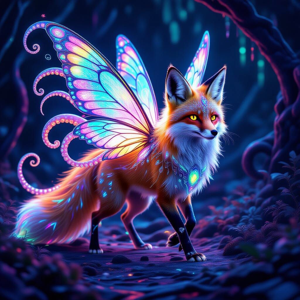 Fox Butterfly Hybrid Creature with Tentacles and Crystal Tai...