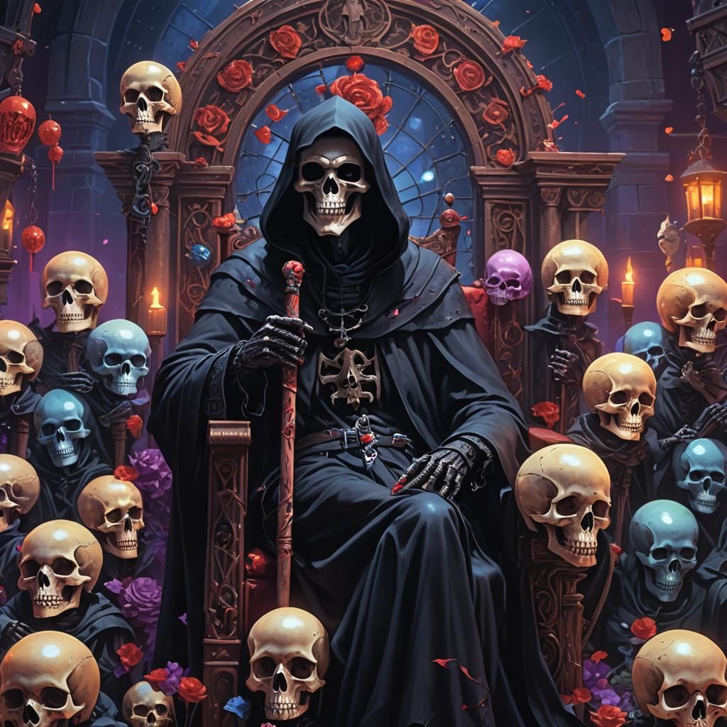 Dejected Grim Reaper with Lollipop on Skull Throne