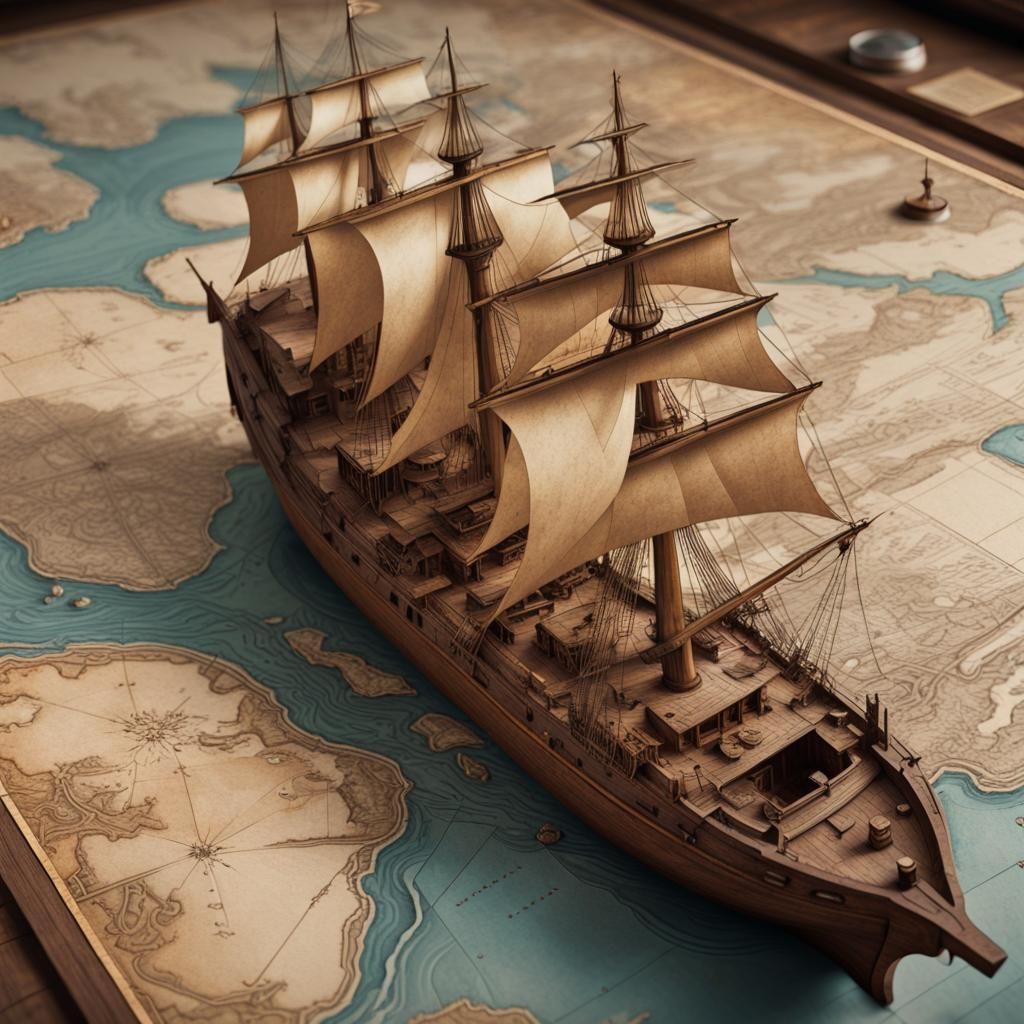 Antique Map with Wooden Ships, Detailed Concept Art