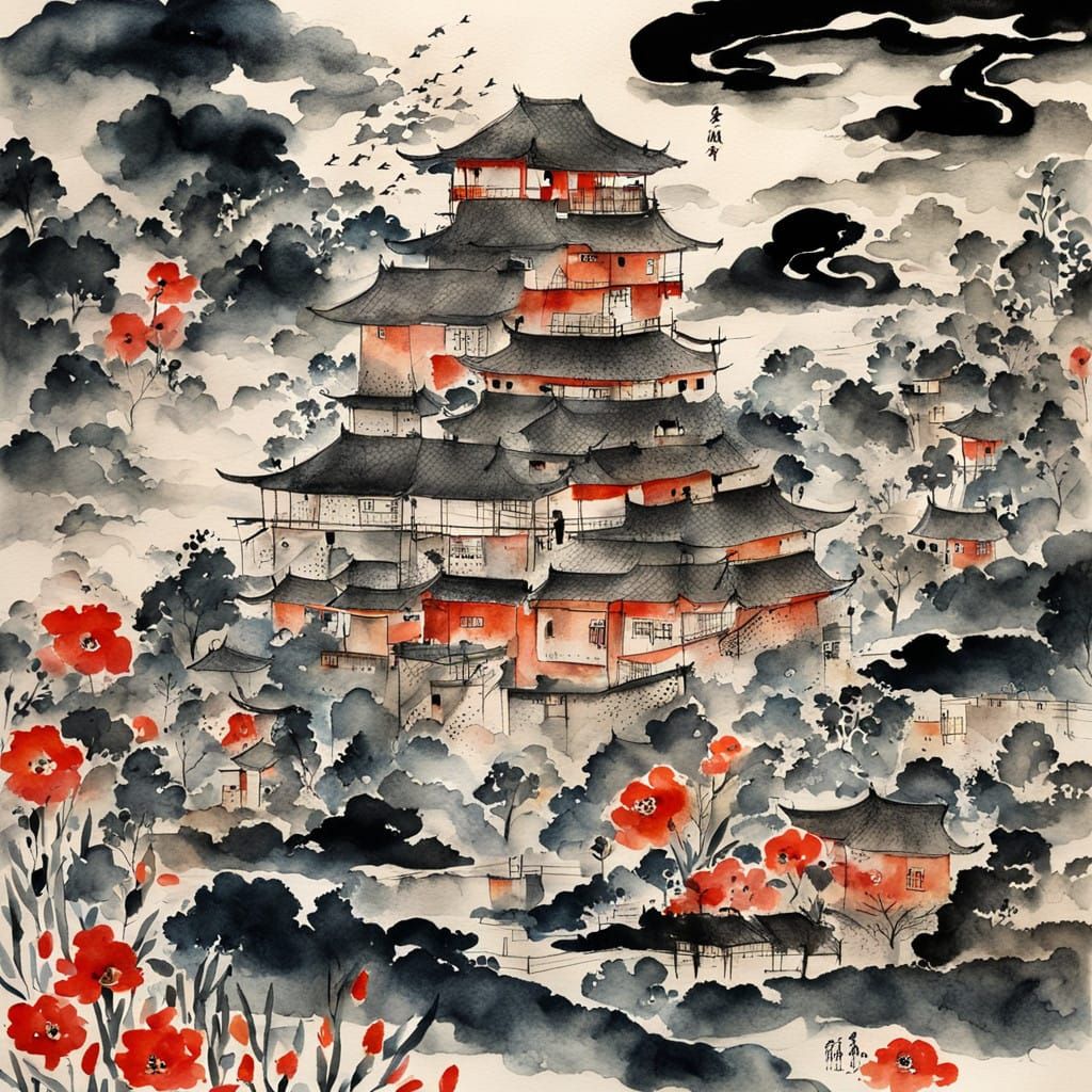 Oriental Folk Art Watercolor Ink Drawing