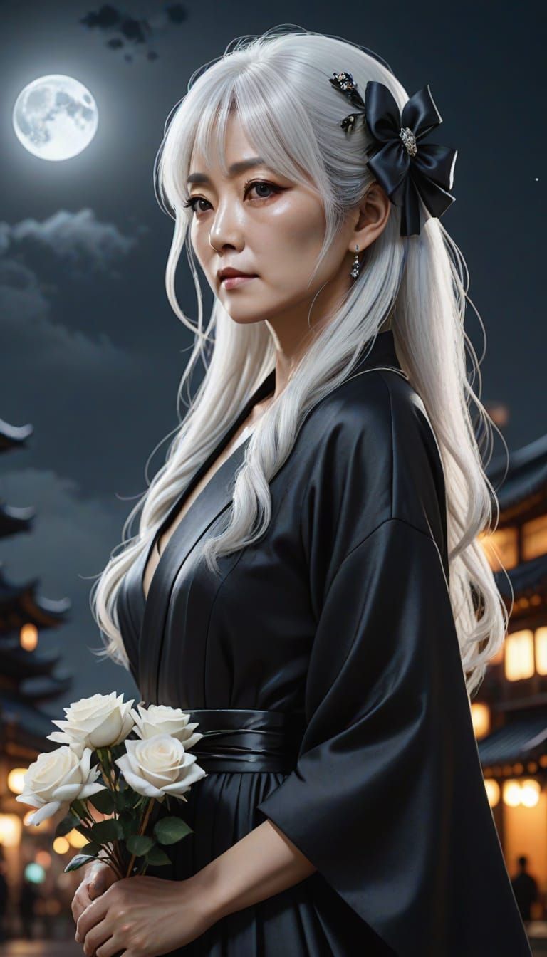 Mature Japanese Woman in Gown Under Moonlight