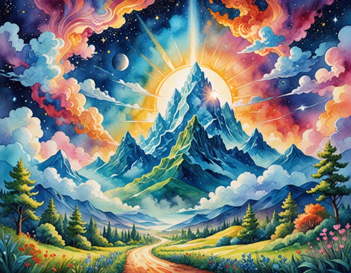 Haven of Vibrant Cosmic Whimsy in Watercolor Style