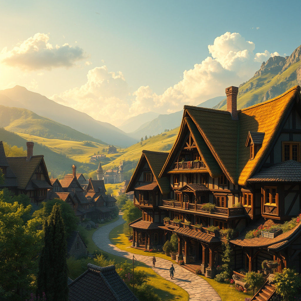 Medieval Town with Rustic Inn, Concept Art Style