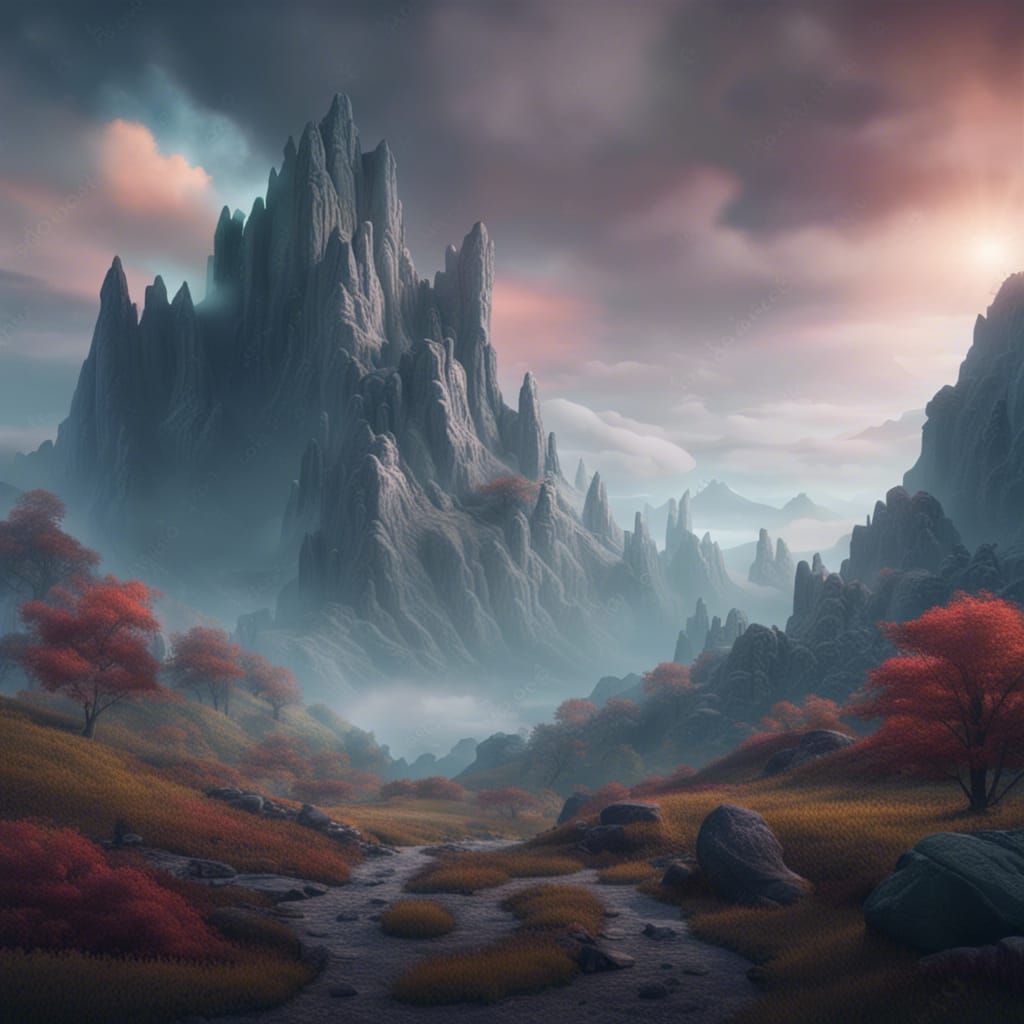 Misty Mountain Landscape in Detailed Matte Painting