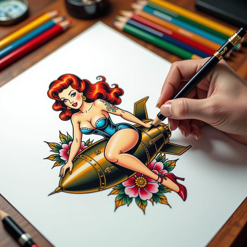 Masculine Hand Draws 1950s Pinup Girl Tattoo Design