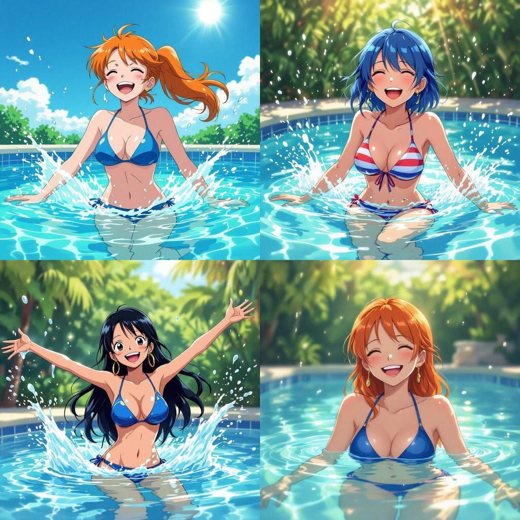 Anime Character Nami Relaxing in a Tropical Pool