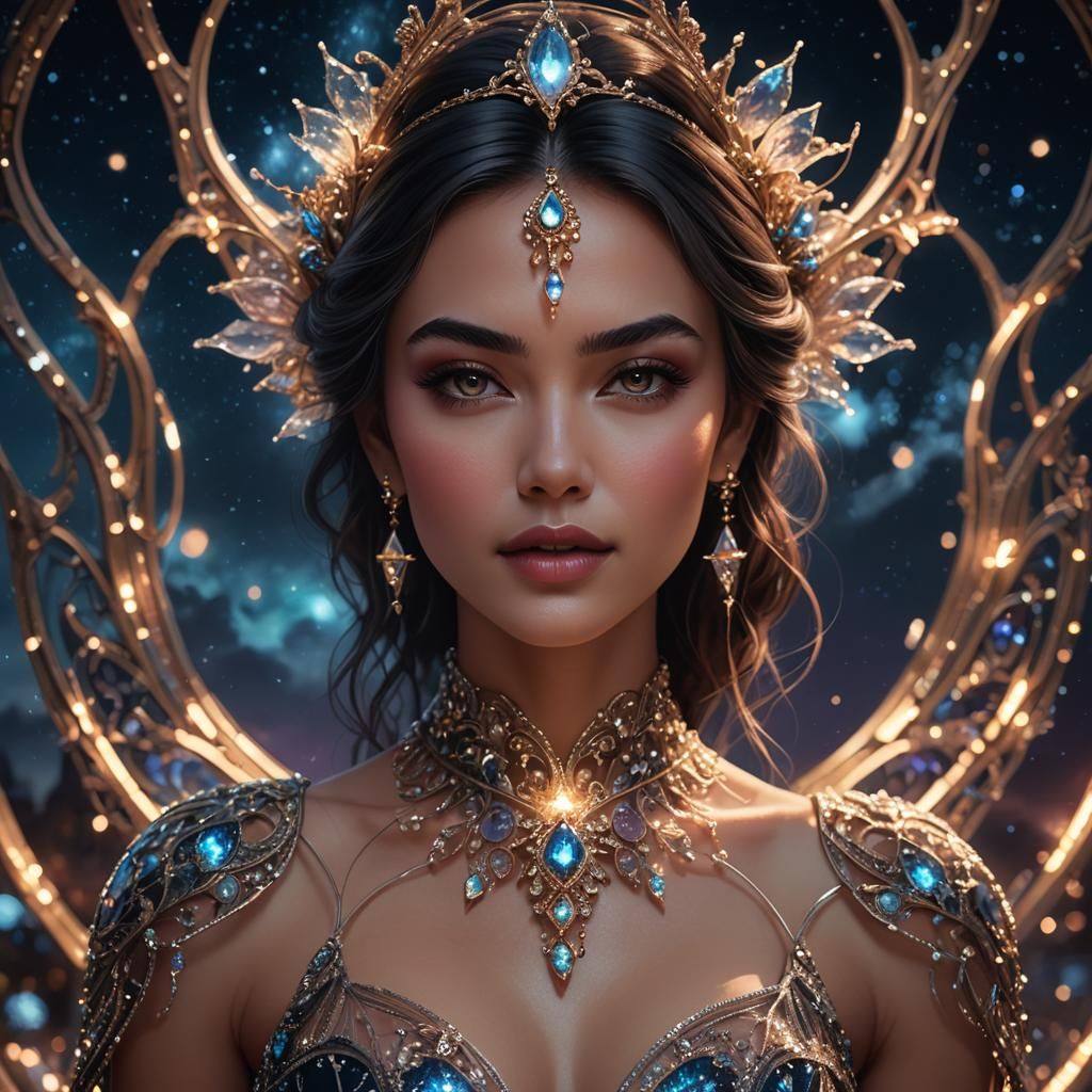 Woman in Transparent Glass Dress Under Night Sky