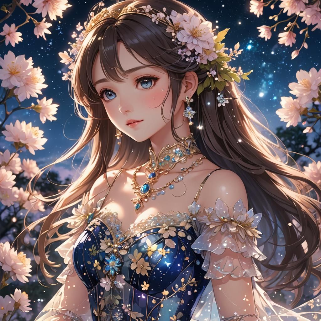 Anime Portrait: Princess in Spring Dress with Flower Jewelry