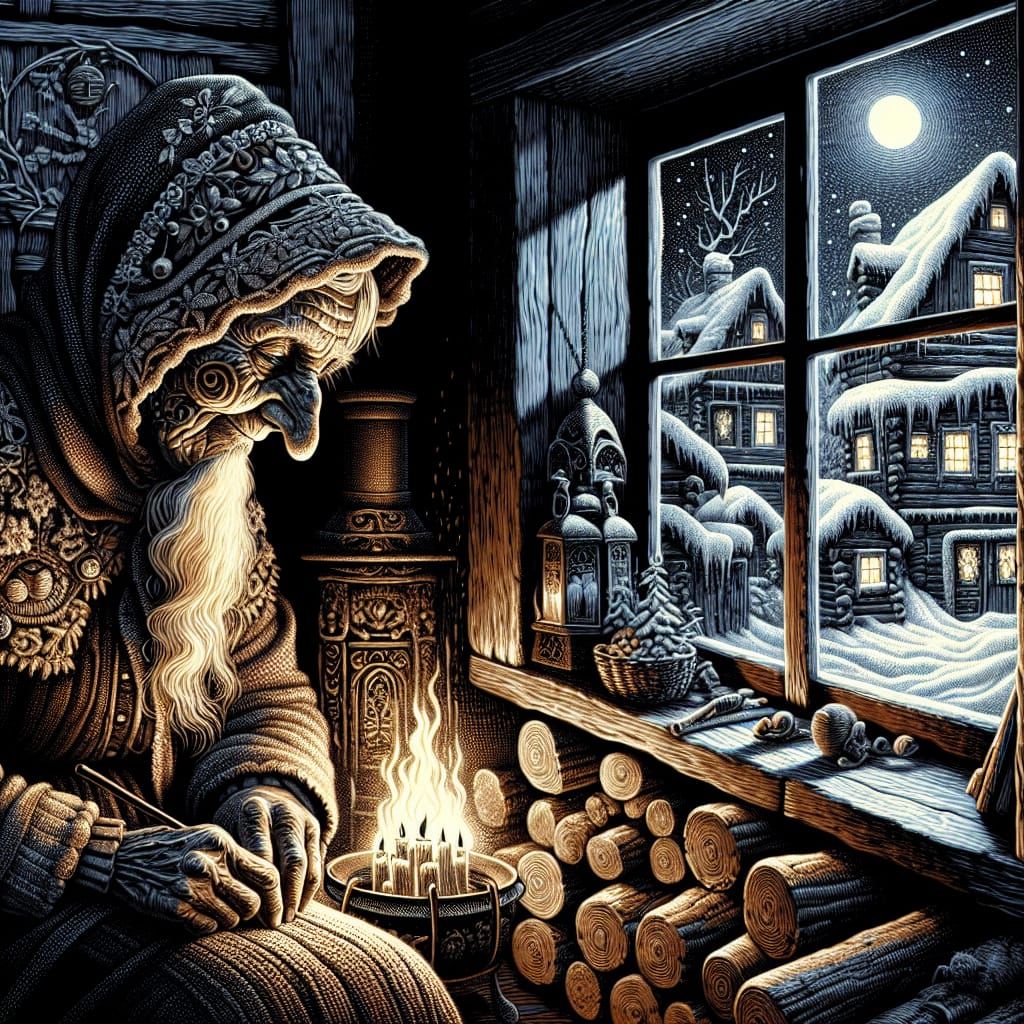 Wise Old Witch by Hearth in Snowy Cabin