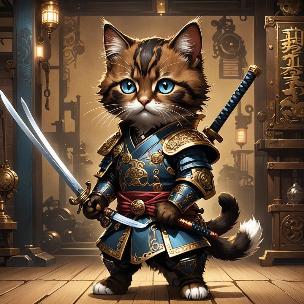 Steampunk Anime Kitten Samurai in Dojo