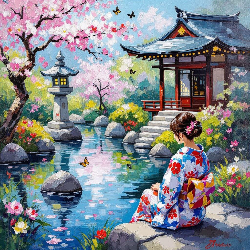Japanese Garden Summer Tranquility as Impasto Painting