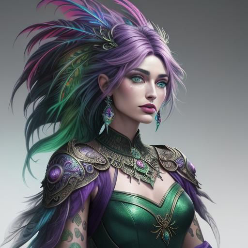 Rainbow Woman Portrait with Peacock Feathers in Fantasy Styl...