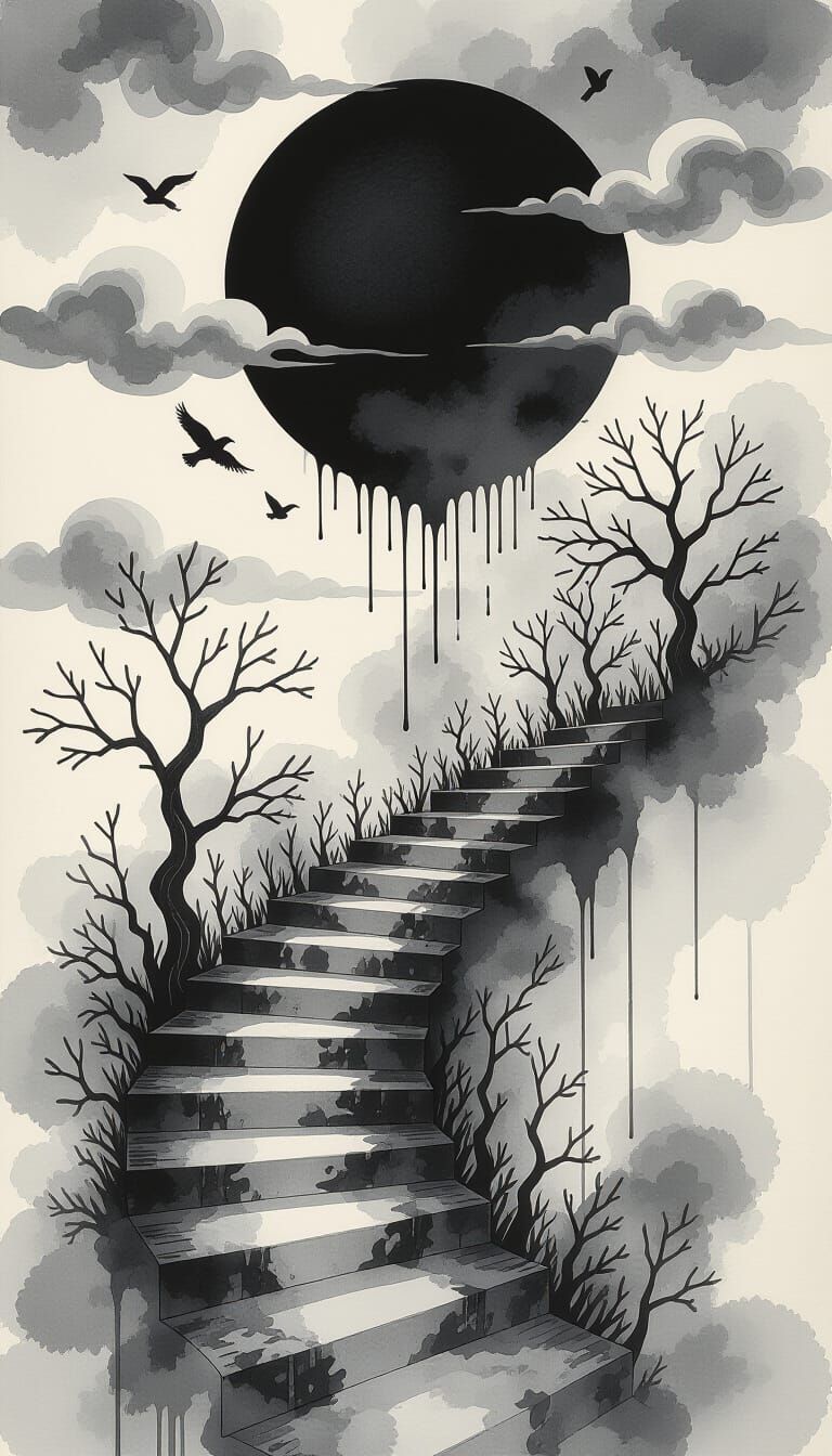 Surreal Staircase Ascends to Black Sun in Dripping Ink Style