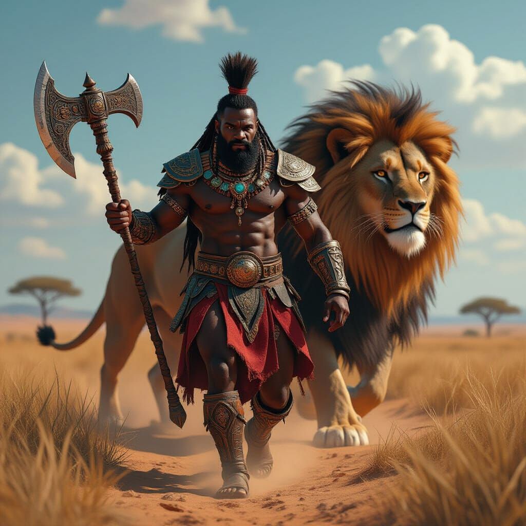 African Beastman Striding Across the Savannah