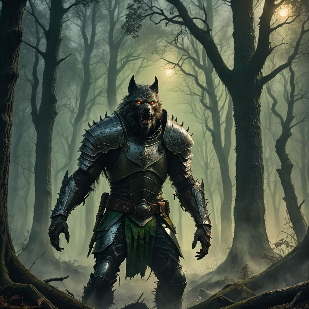 Werewolf Knight in Steamy Forest, Dark Fantasy Art