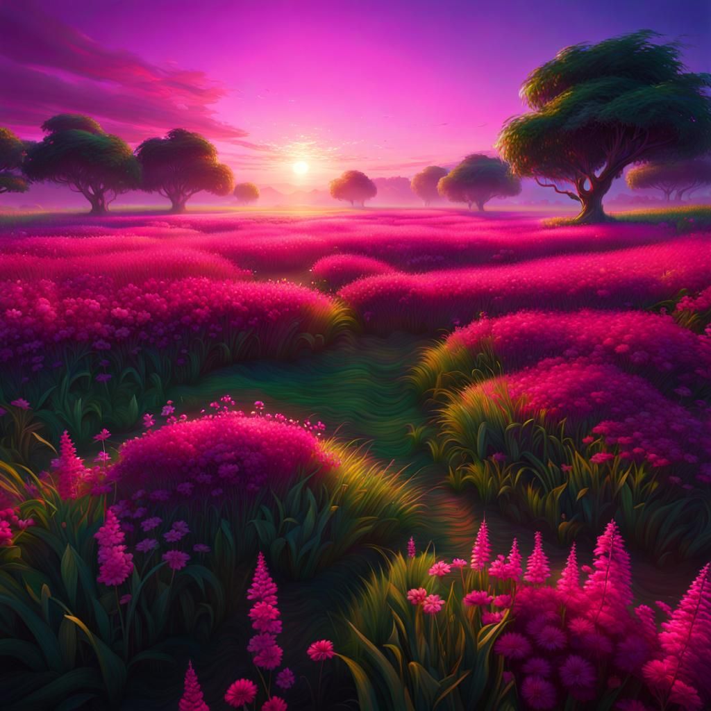 Ethereal Summer Dawn Over Emerald Fields