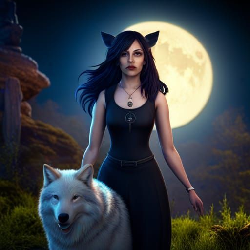 Midnight Blue Haired Girl and Wolf Fantasy Art