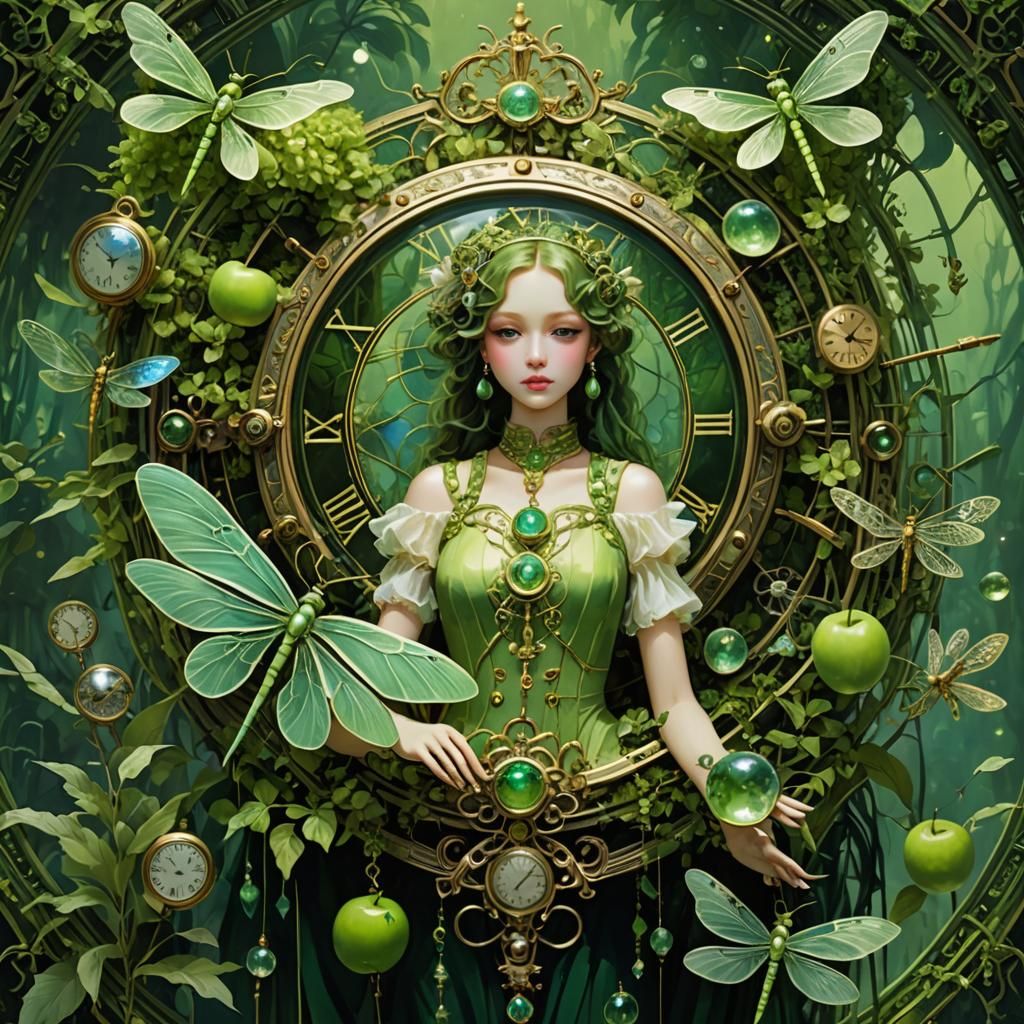 Clockpunk Art Deco with Dolls, Dragonflies, and Green Hues