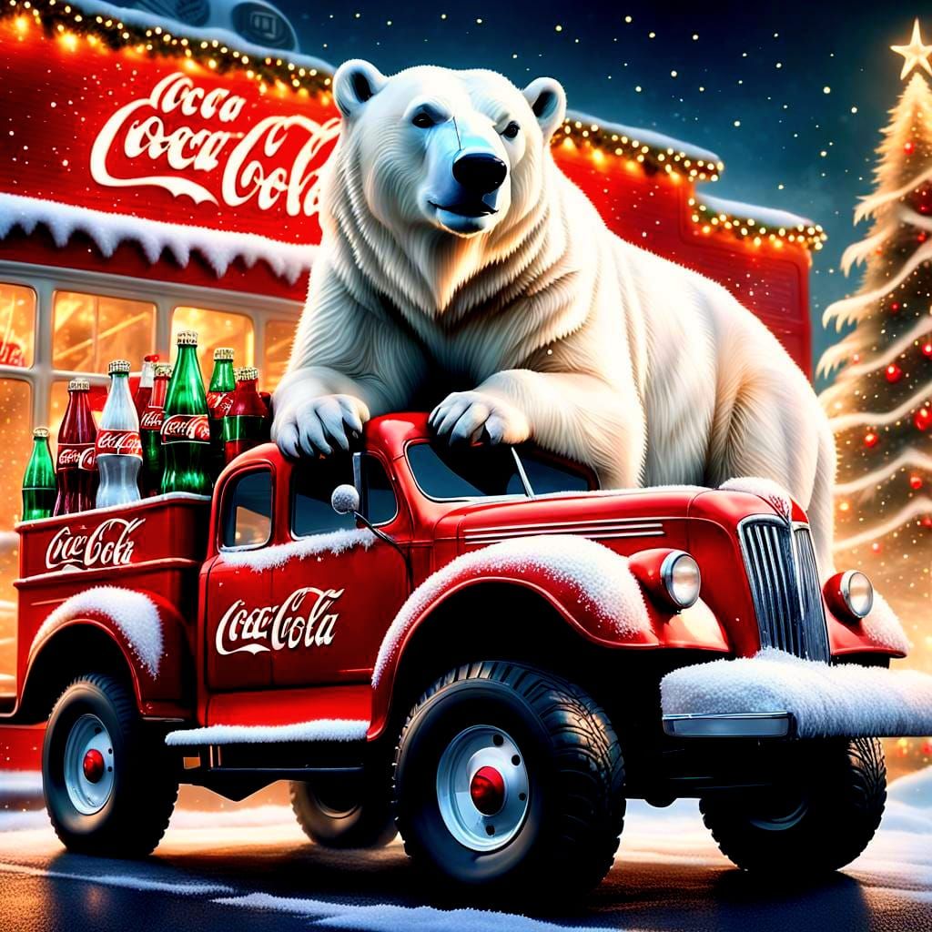 Coke Polar Bear on Christmas Truck: Hyperrealistic Image